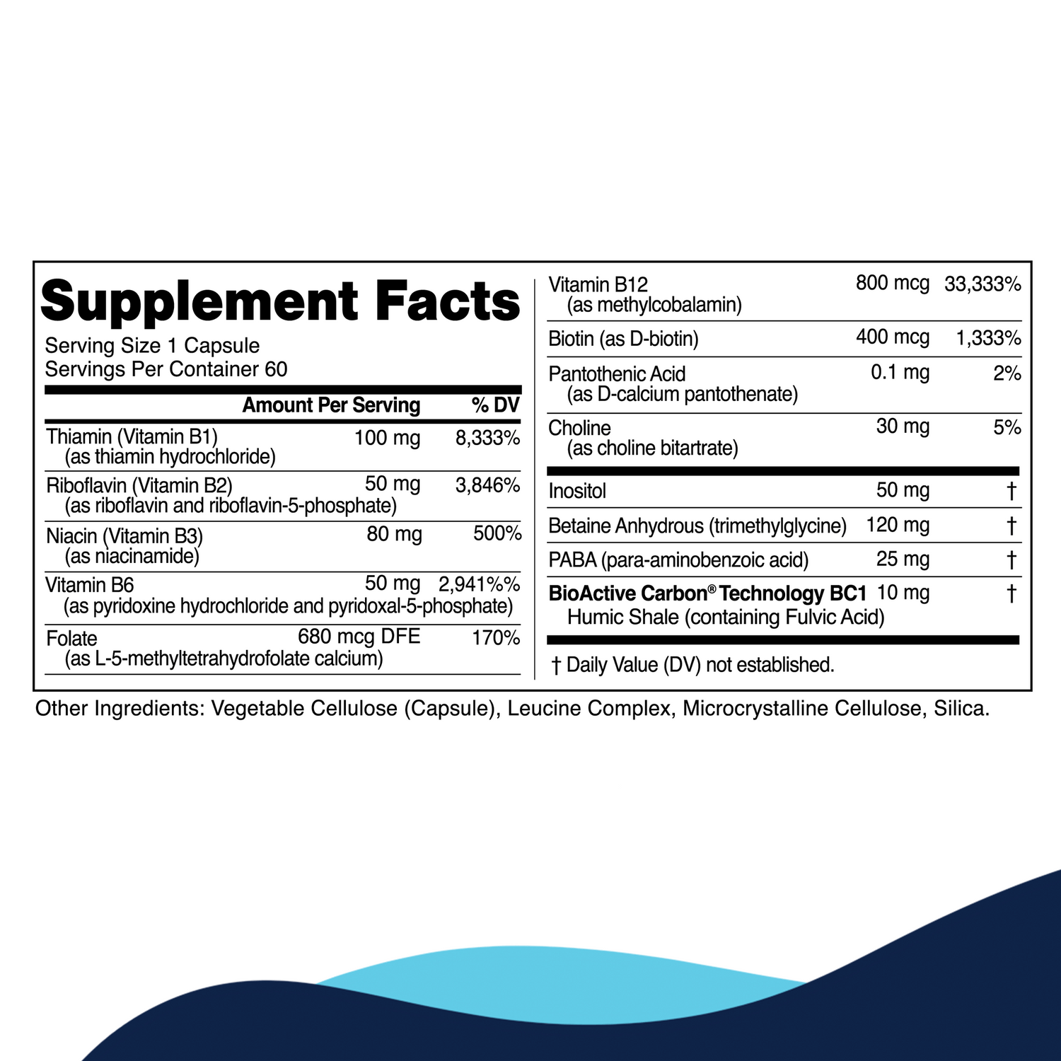 Supplement facts for Methyl-B Complex by CellCore Biosciences – Detailed nutrient and vitamin content