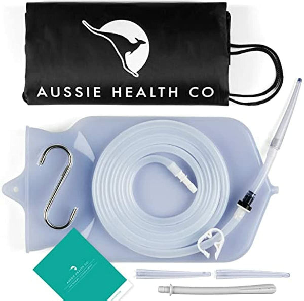 Aussie Health Co Non-Toxic Silicone Enema Bag Kit - 2 Quart Capacity for Water & Coffee Colon Cleansing - BPA & Phthalates Free - 6.5 Foot Hose, 3 Tips, Strong Clamp, Bonus Nozzle & Instruction Guide
